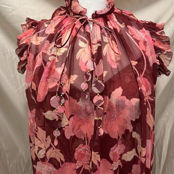 Zimmermann Silk Concert Burgundy Peonies Flutter Sleeve Tank - Picture 3 of 13